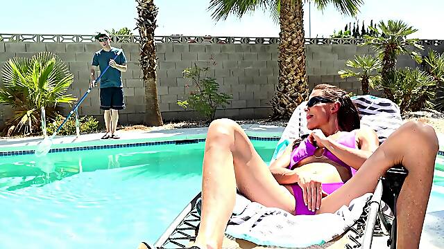 Pool boy fucks thin mature female and comes on her saggy tits