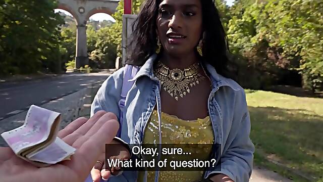 Desi slut loves to fuck white dude for cash in public