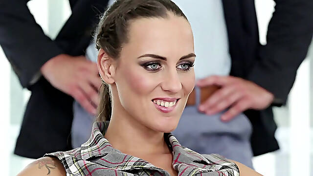 Tall model Mea Melone double penetration gangbang