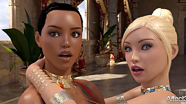 Ebony and blonde futanari babes entertaining the Egyptian princess