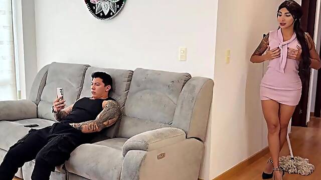 Caught masturbating! Lustful mother Id like to fuck massages her vagina whilst watching her stepson!