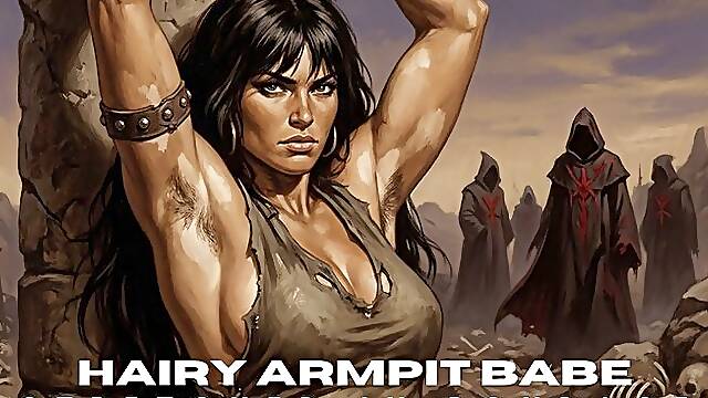 Muscular hairy armpit babe is chained to a post and stretched in bdsm bondage