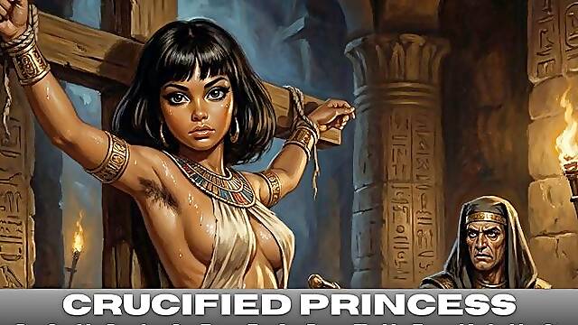 Sexy Ancient Egyptian princess with hairy armpits is crucified in BDSM bondage for her evil master