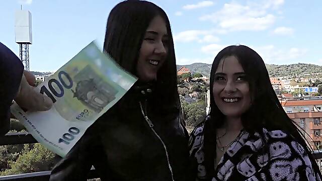 Sensual brunette babes fuck for cash and dazzle together in sexy FFM